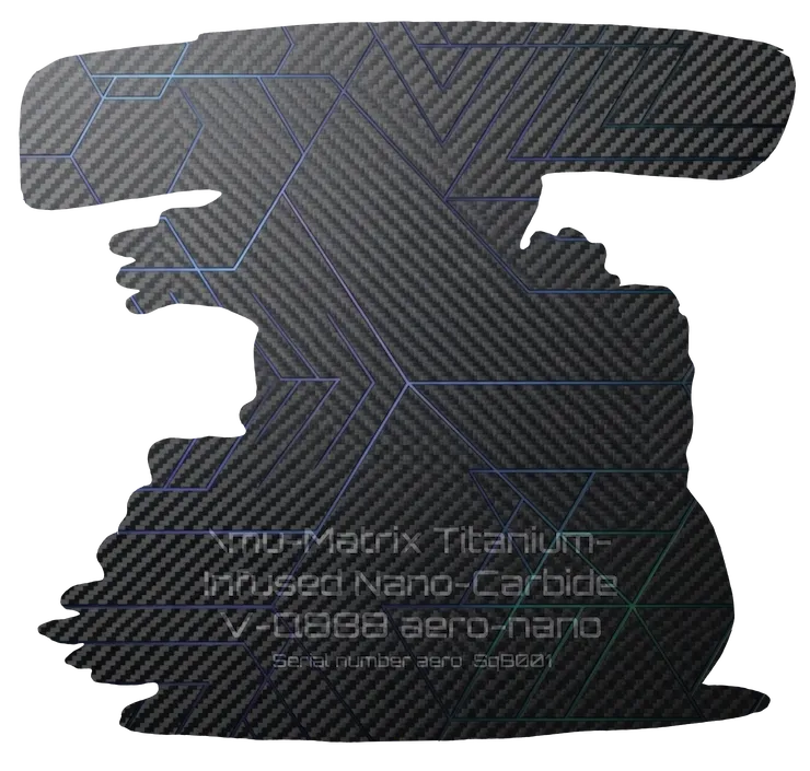 Tier 1: μ-Matrix Chassis — dark stealth-carbon substrate reinforced with an iridescent titanium lattice and laser-etched SqB001 registry