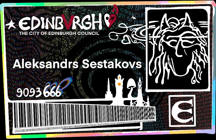 Council ID sticker - holographic credential card with cryptic interdimensional authority details