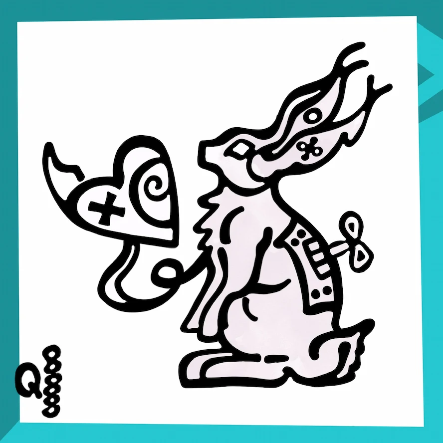 Follow the White Rabbit sticker - antlered rabbit with geometric symbols leaping through void