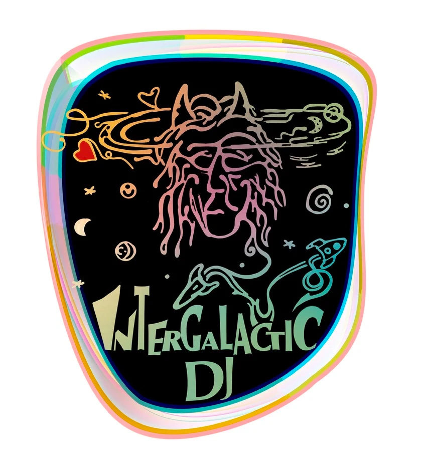 Intergalactic DJ sticker - holographic jellyfish-prophet with horn antennae receiving cosmic frequencies