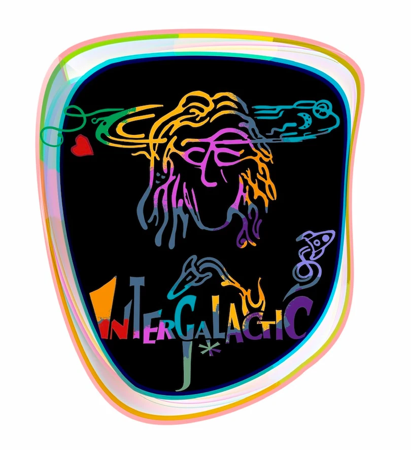 Intergalactic J V1 sticker - holographic rainbow jellyfish-prophet with dreadlocks and cosmic elements