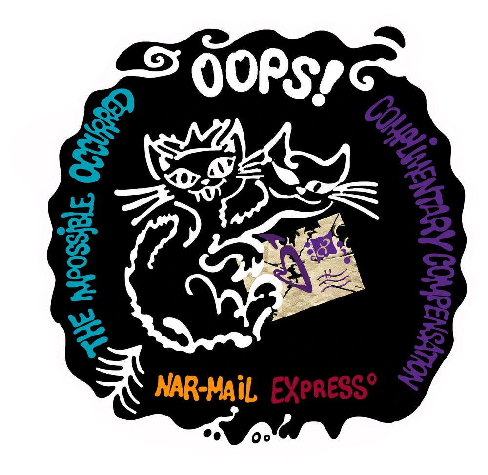 Nar-Mail Express Oops sticker: a white two-headed cat holding an envelope, with turquoise and purple compensation lettering on black