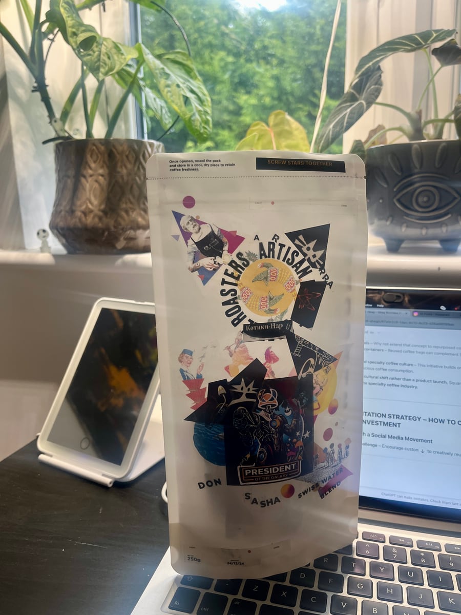 Alternating views of the completed personalised Q-Bag V0 at home and among Artisan Roast retail coffee bags at the roastery