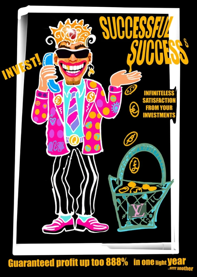 Successful Success sticker - neon pink blazer figure with coins and trash basket symbolizing investment satire